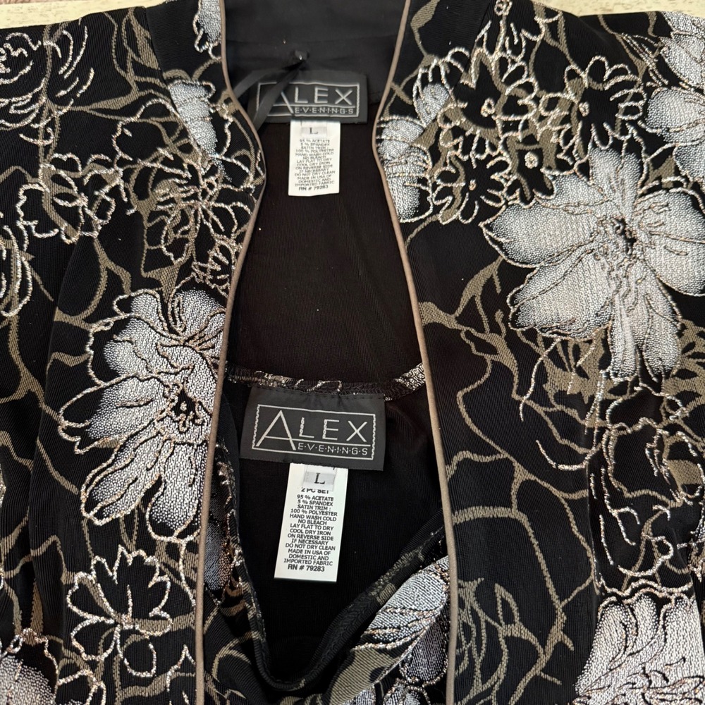 ALEX EVENINGS NWT Black Silver Floral Print Jacket & Tank Set Women's Size L - Picture 15 of 16